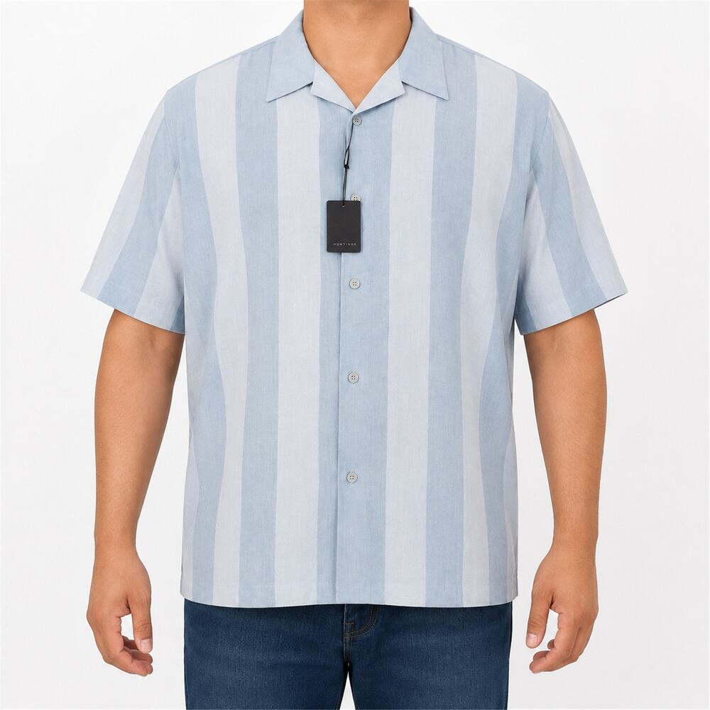 NEW Montique Shirt Mens 2XL Blue Striped Button Up Short Sleeve Camp Casual